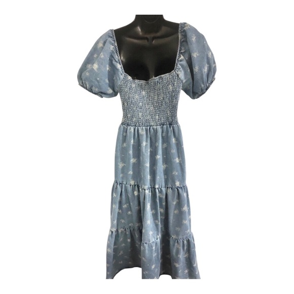Denim printed puff sleeve smocked tiered boho long dress size large brand new - Picture 10 of 15
